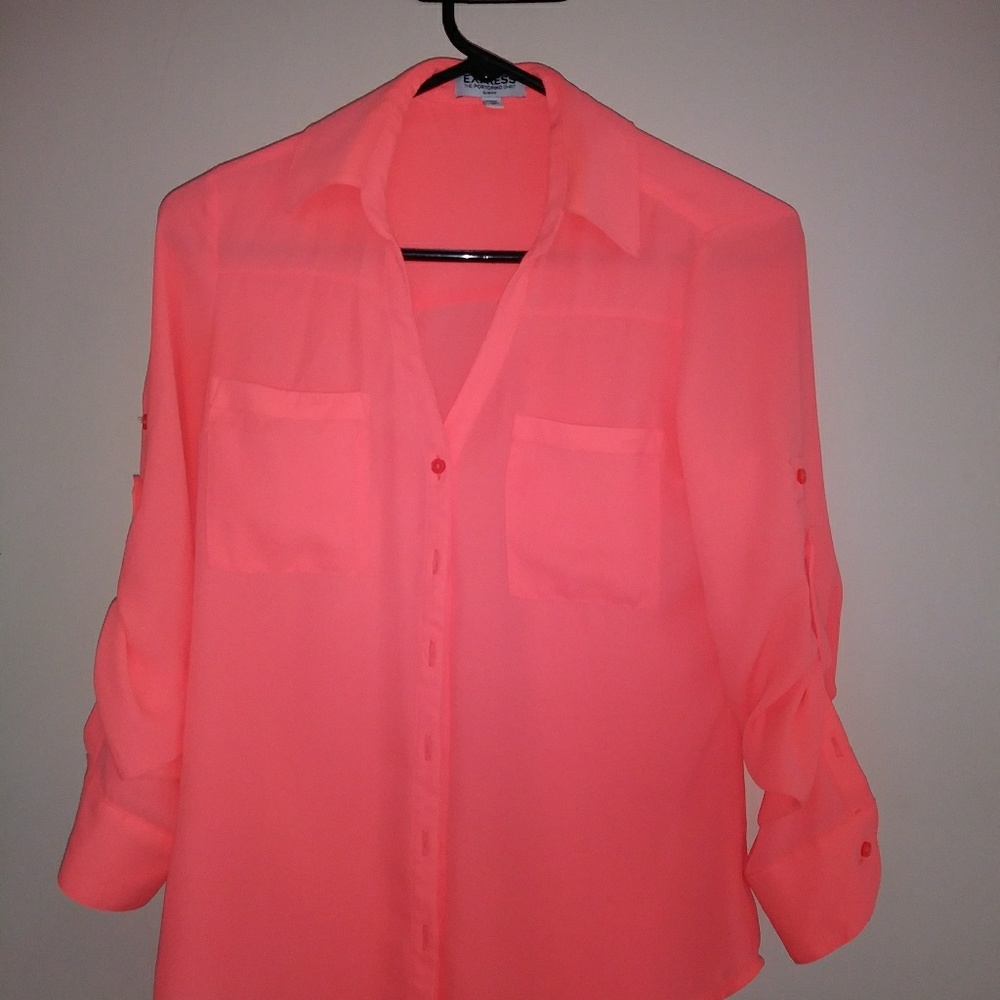Express Neon Coral Button-Down Shirt